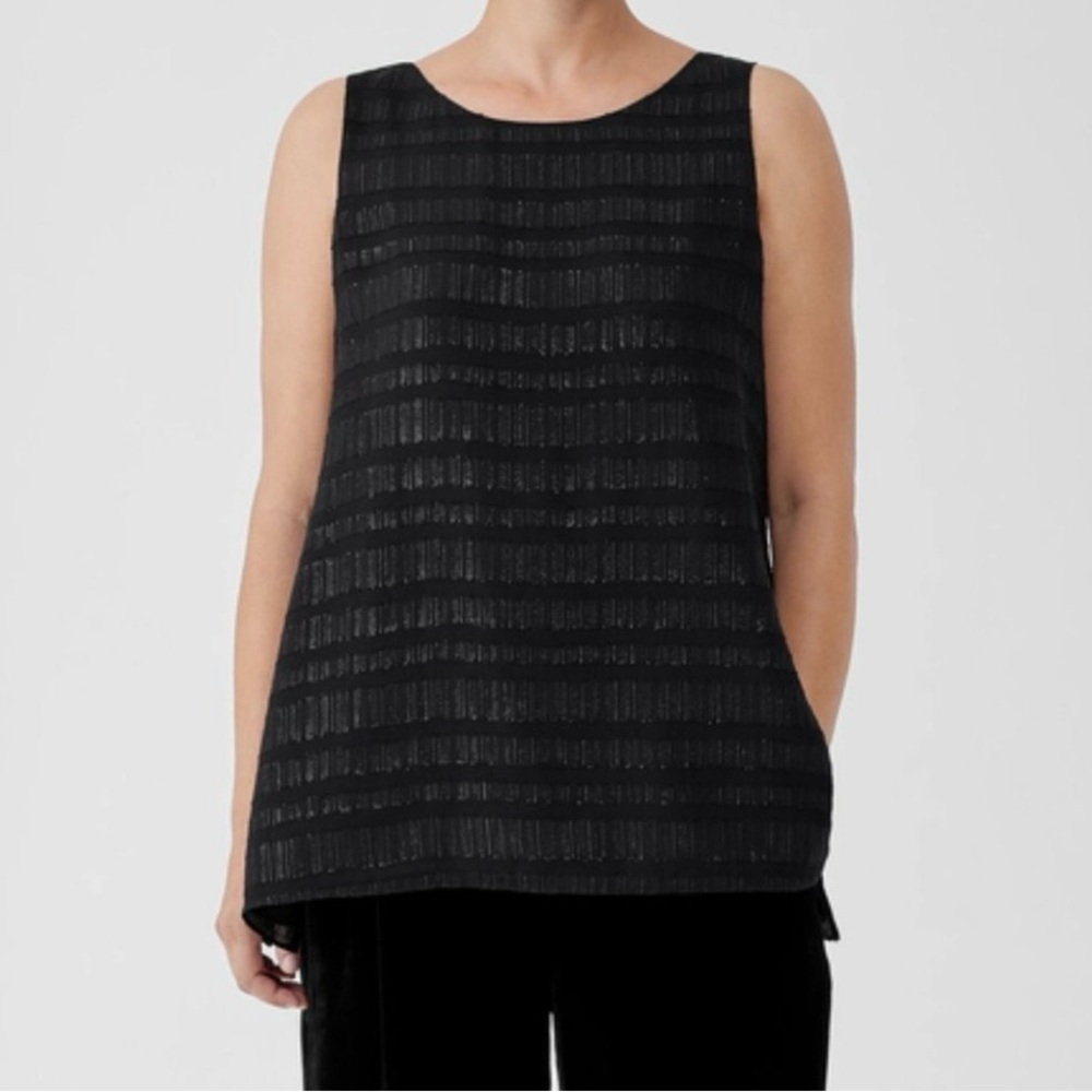 Eileen Fisher Black Sheer Silk Glimmer Ballet Neck Tank Size Small